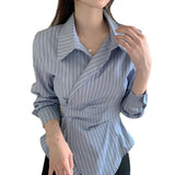 2025 New Fashion Design Irregular Waist Long Sleeves Thin Leisure With Short Striped Shirt Top