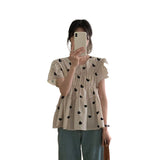 Apricot Folded Short-Sleeved Shirt 2025 Summer Loose Love Heartbreak Flower Blouse Bubble Sleeve Blouse Blouse Blouse Blouse Blouse