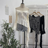 Design-Sensitive Hole Irregular Lotus Side Ribbon Shoulder Horn Long-Sleeved Top T-Shirt 9261