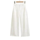 Linen Broad Leg Trousers Women's 2026 Summer New Casual Pure Color High-Waisted Folded Pocket Loose Straight Trousers