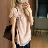 Fake Two Round Collar Wave Dot Short-Sleeved T-Shirt Women's Summer Sweet Cute Blouse Loose Bubble Sleeve