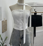 Lace Side Splicing Suit Single Buckle Jacket Head Ribbon Bra Strap Bra With Chest Pad Short Top 8129