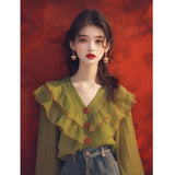 French Green Lotus Leaf-Side Shirt Women's Autumn 2025 New Niche Long-Sleeved Shirt V-Neck Top Temperament Elegant
