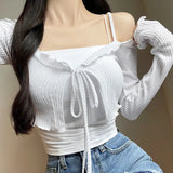 Lace Strap Sling Jacket Bow Shawl Long-Sleeved Top Short Korean Autumn New Pure Desire