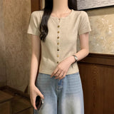 Design Sense Of Small Single-Dcupuncture V-Neck Open Fork Front-Sleeve Knitted Women 2025 Summer New Top