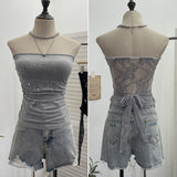 Hot Diamond Splicing Lace-Back Strapped Braided Braided Braided Brae Folded Bra Sleeveless Top 1196