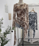 Vintage Print Double-Layer Mesh Long-Sleeved Top Design Feel Irregular Ribbon-Up T-Shirt 99981