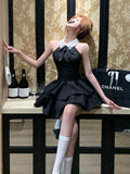 French Temperament Bows Slim Hanging Neck To The Waist Of The Thin Back Small Black Dress Summer New Pony Dress Woman