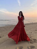 Red-Dewed V-Neck Dress New Thin Thai Sanya Seaside Beach Dress Atmosphere