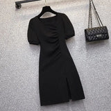 Oceanous Open Fork Short-Sleeved Dress Women 2025 Summer New Large-Size Design Feel Thin Belly A-Character Skirt
