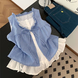 Lace Splicing Fake Two Plaid Sleeveless Vest Shirt Women Summer Lotus Edge Bow Tied With Loose Top
