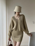 Sweater Suit Women's Autumn And Winter V Collar Languid Wind Relaxed Feeling Bat Sleeve Knitted Blouse Skirt Two-Piece