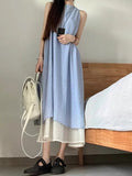 Blue Sleeveless And Unsceded Dress Woman's Summer 2026 New Seaside Holiday High-End Temperament Loose Dress