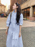 Design-Sensitive Shirt Blue Dress Women Irregular Korean Version Of The French Style Casual Loose Fashion Dress