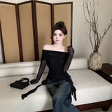 One-Word Shoulder Mesh Long Sleeve Sunscreen T-Shirt Girl Autumn Body-Repair Ribbon Irregular Sweet Hot Girl Tight Short Top