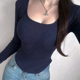 Fang Collar Thread Cotton Arc Roll Back-Sling Shirt South Korea's New Tight-Knit Long Sleeve Top Woman's Body In Spring And Summer
