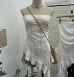 Holiday Lace Tranches Irregular Lotus Side Ribbon Wrapped Breast Wrinkle Vest Sleeveless Top 8076
