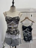 Lace Splicing Camouflage Screen Sling Sling With Chest Cushion Letter Print Sleeveless Top 1618