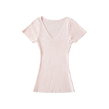 Basic V-Neck Knitted Women 2026 Summer New Hot Girls Slim Slimmed Short-Sleeved Bottom Shirt