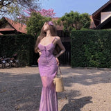 Purple Splicing Lace Sling Dress Women Summer Pure Desire To Repair Fish Tail Long Dress Holiday Waist Mesh Dress