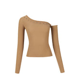 2025 Autumn And Winter New T-Shirt Offensive Slanted Short-Edose Blouse Korean Version Of Hottie Solid Color Long-Sleeved Bottom Shirt Woman
