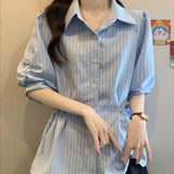 Striped Women's Shirt French Short-Sleeved Temperament Shirt Size 2026 Waist Thin Top Coat Large Size High-End Women's Clothing