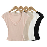 Spice Girls Micro-Permeable V-Neck Bat Sleeve T-Shirt Wearing A Thin Thinch Short Sexy Blouse Girl Tide Card