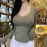 Large Round Collar Tightness Showing Thin Long Sleeve Bottom Shirt Showing Large Body Round Under The Fork Blouse Elastic Spring And Autumn