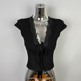 South Korea's New Summer Temperament Slimming Low V-Neck Hottie Pure Lust Lace Side Set Short-Sleeved T-Shirt Top