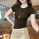 2026 Early Spring Temperament Korean Niche Round Collar Shoulder Short-Sleeved T-Shirt Female Commute Summer White Explosion