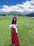 Xinjiang Sichuan West Yunnan Tourism Photo Skirt New Chinese Retro Red Hanging Neck Dress Feel Holiday Dress