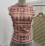 Double-Layer Mesh Vest Retro Design Slim Slimming Sleeveless T-Shirt Short Top 8036