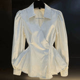 Regular Thin Women Spring New Fashion High-End Design POLO Collar Striped Long-Sleeved Top Woman Trend
