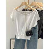 Slanted Shoulder Shoulder Waist White Short-Sleeved T-Shirt Women Summer 2026 New Pure Desire Design Short Top