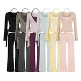 Ballet Style Bottom Hanging Neck Sling + Long Sleeve With Open Shirt + Lateral Waist Hanging Micro-Horn Pants Three-Piece Set Of Women