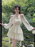 French Temperament Sexy Shoulder Hanging Neck Lotus Side Waist Chiffon Dress Women 2026 Summer New Dress