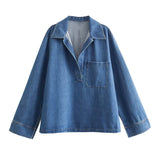 Spring 2025 New Women's Fashion Wash Blue Denim Blouse Straight Trousers Set