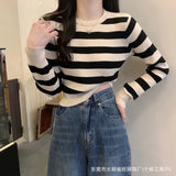 Round Collar Hooded Striped Long-Sleeved Knitted Shirt Women's Autumn And Winter Women's New Slimming Inside And Bottom Shirt Top
