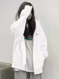 Vintage White Gray Hooded Jacket Women Spring And Autumn Oversize Thin Coat Loose Lazy Shirt Top