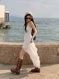 French White Irregular Lace Sling Dress Women's Summer Seaside Vacation Waist Thin Open Fork Long Skirt