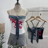 Real Shooting Denim Spliced Print Tie Sling Sling Waist Wearing Hot Girl Bra Short Sleeveless Top Lady 8930