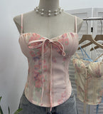 Pink Lace Splicing With Broken Flower Pad Slings Slings Back Back To Take Short Tops