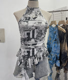 Trend Irregular Hanging Neck Dyeing Net Yarn Vest Lotus Side Ribbon Short Sleeveless Top 9969