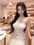 Design A Small Slant Shoulder Splicing Metal Nail Drill Knitted Vest Women Summer Pure Hot Girl Sexy Thin Top