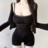 Spring And Summer Temperament Slim Body Pure Lust Lace Splicing Sling T-Shirt + Long-Sleeved Sunscreen Top Two Sets