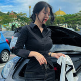 Temperament Gray Design Shirt Long Sleeves Flipped Open Fork Top Woman Slim Thin Cardigan Spring New Pure Desire