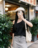 Slanted Shoulder White Leak Shoulder Short Sleeve Woman 2026 Summer Loose Lazy Slackness Feel Shoulder T-Shirt Irregular
