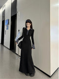 Korean Black Polo Collar Knitted Dress Women's Autumn And Winter Coat Inside The Repair Waist Temperament Long Skirt