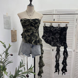 Vintage Camouflage Brat Vest Female Niche Irregular Ribbon Hole Babes Y2k Sleeveless Top 1229