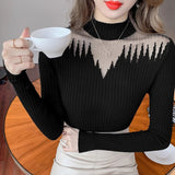 Spring And Autumn New Oceanic Knitted Knitted Jersey Casual Blouse Splicing High-Neck Knitted Bottom Sweater Women's Clothing